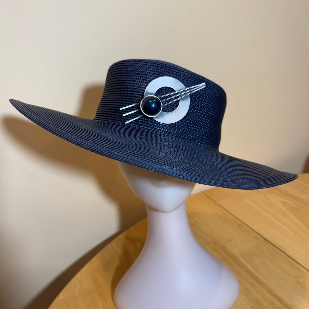 Vintage Style Navy Blue Wide Brim Straw Hat Silver Geometric Accent Sun Hat